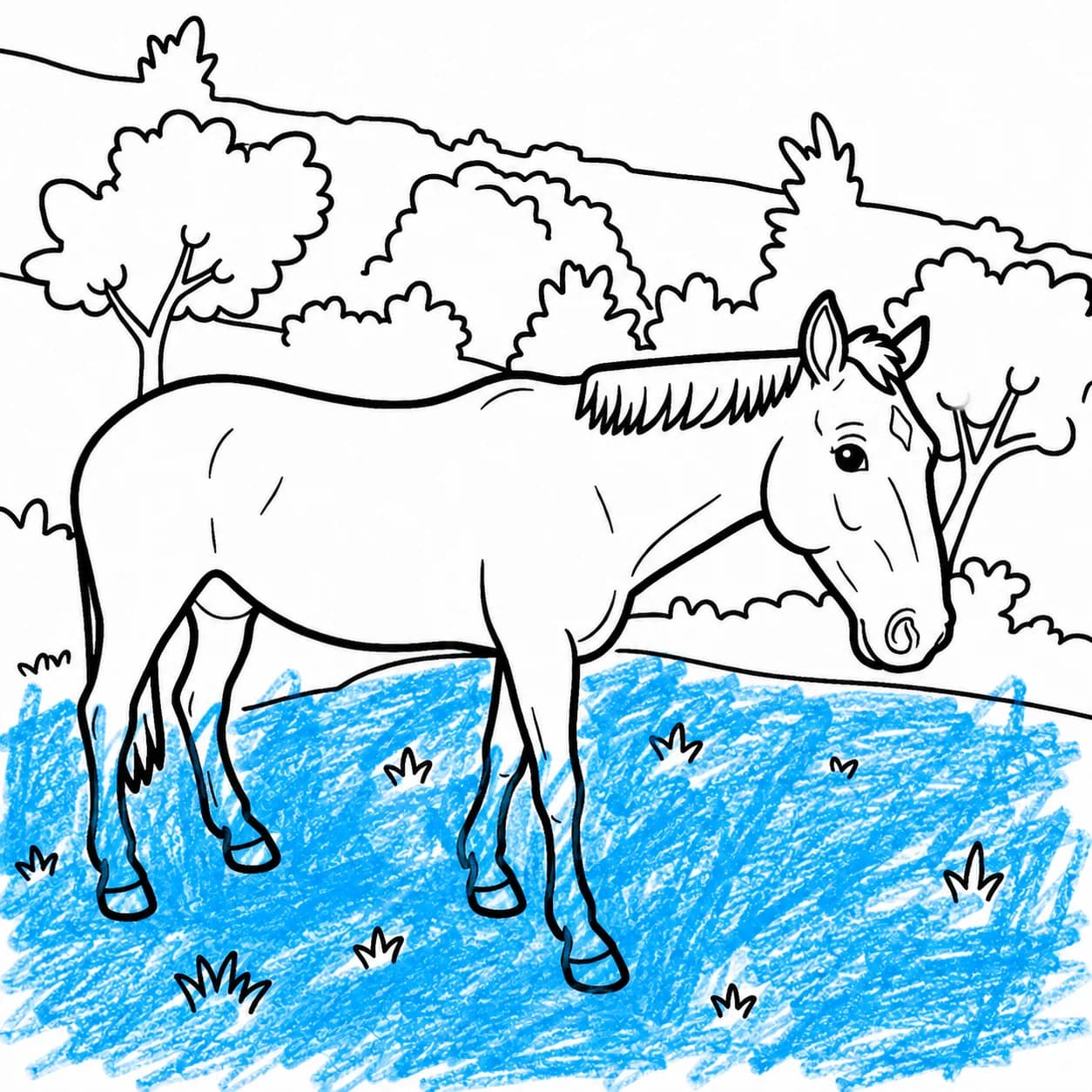 A colouring page of a horse in a field, with the grass coloured solid blue in crayon that runs past the outlines and over the horse's legs