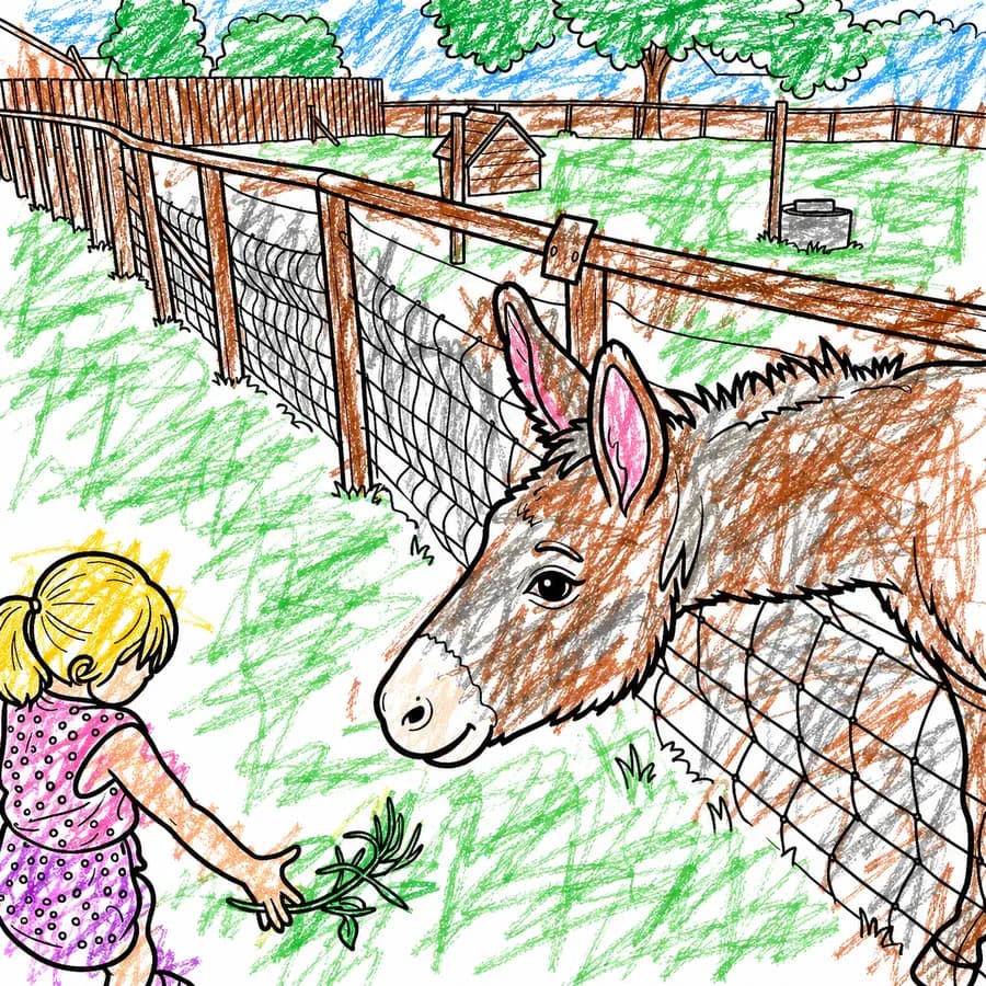 A colouring page of a girl feeding a donkey, coloured in realistic browns and greens with the grass green and the donkey brown