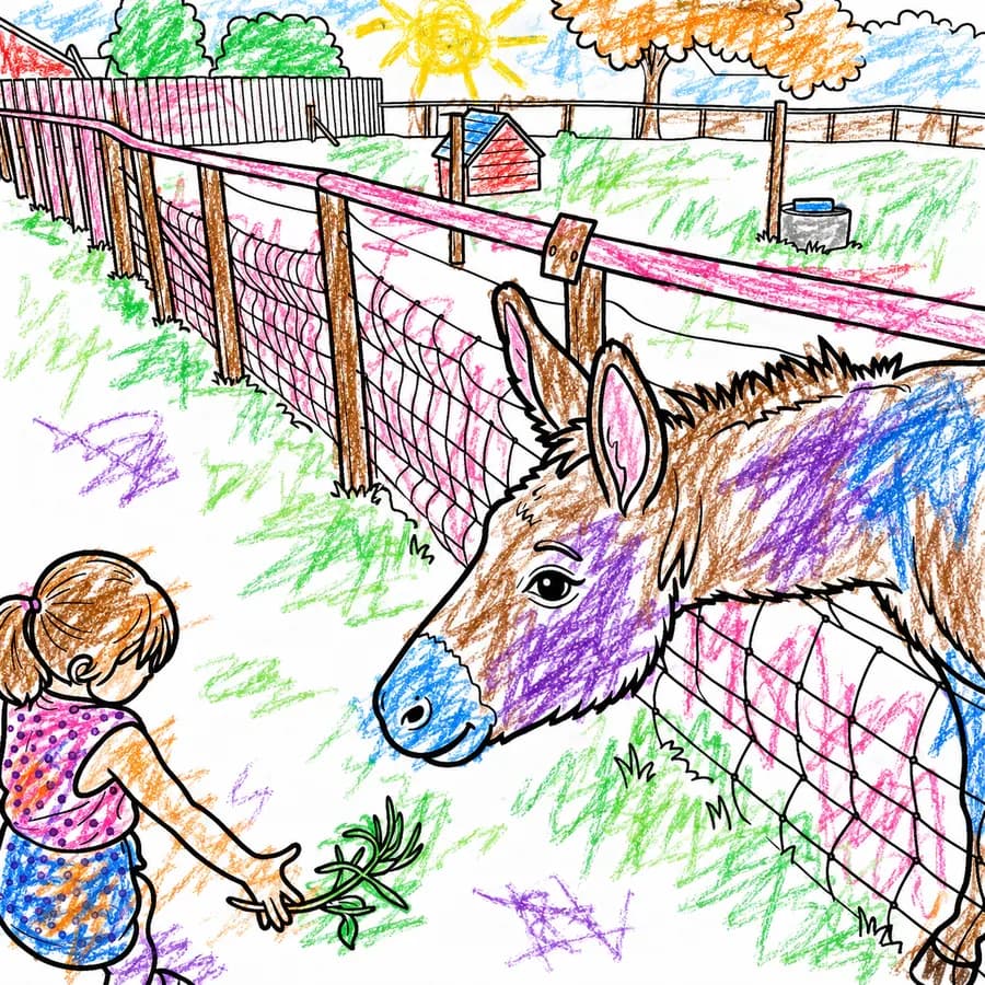 The same colouring page, coloured by a different child with a purple and blue donkey, a pink fence, an orange tree and a yellow sun
