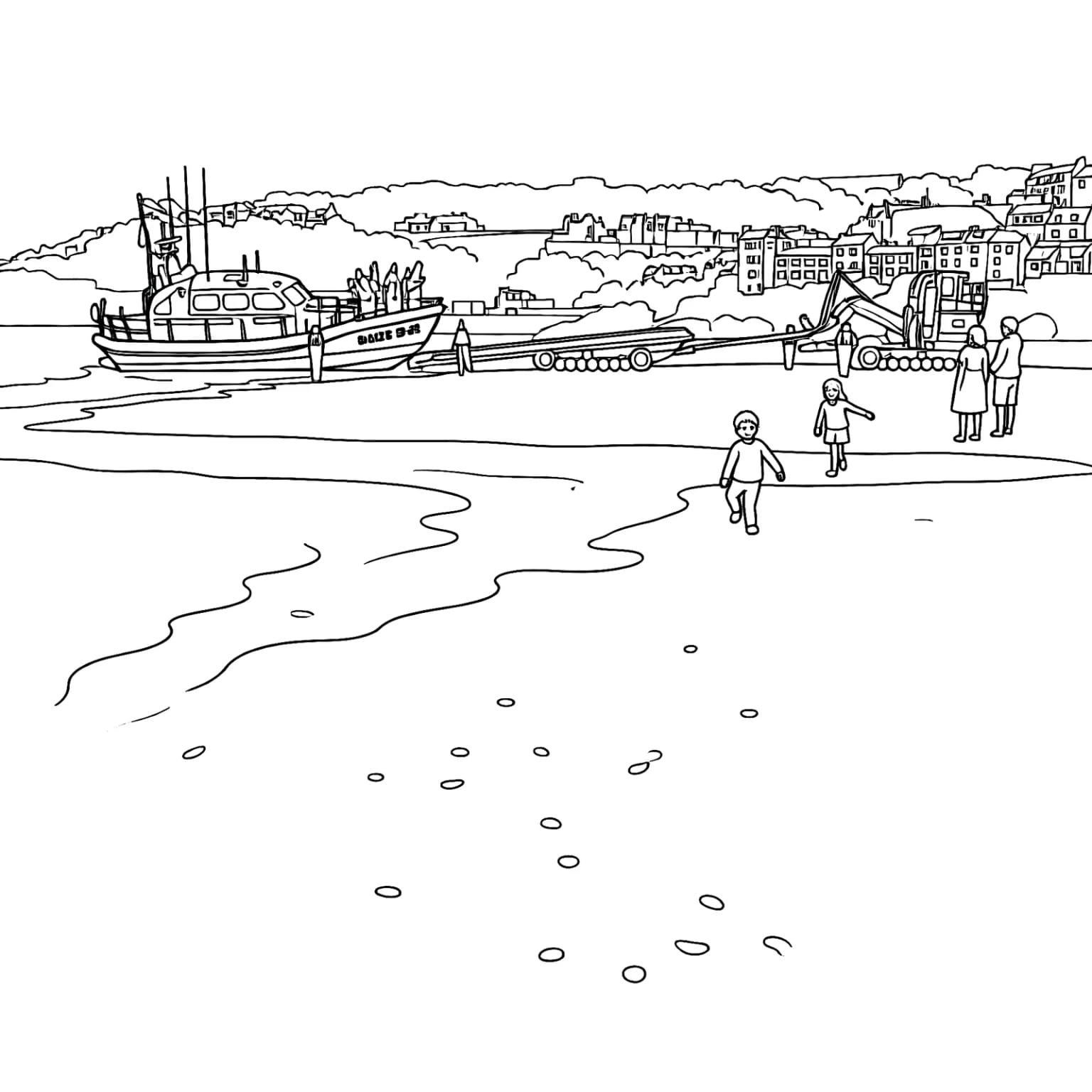 The same as a colouring page: the town along the top, the boat, a few small figures, and a large open beach