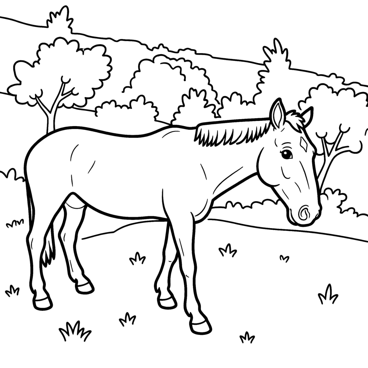 The same as a colouring page: the horse as one big outline, with trees and grass drawn in behind it
