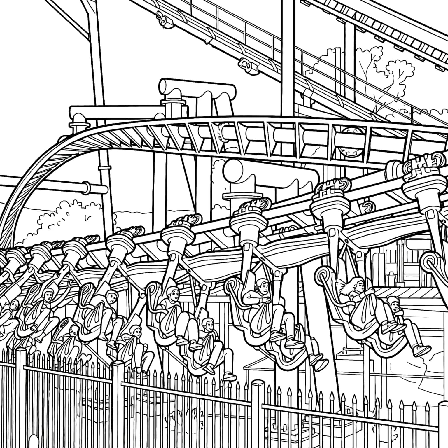 The same scene as a colouring page: the track, the supports, every rider and every railing post outlined