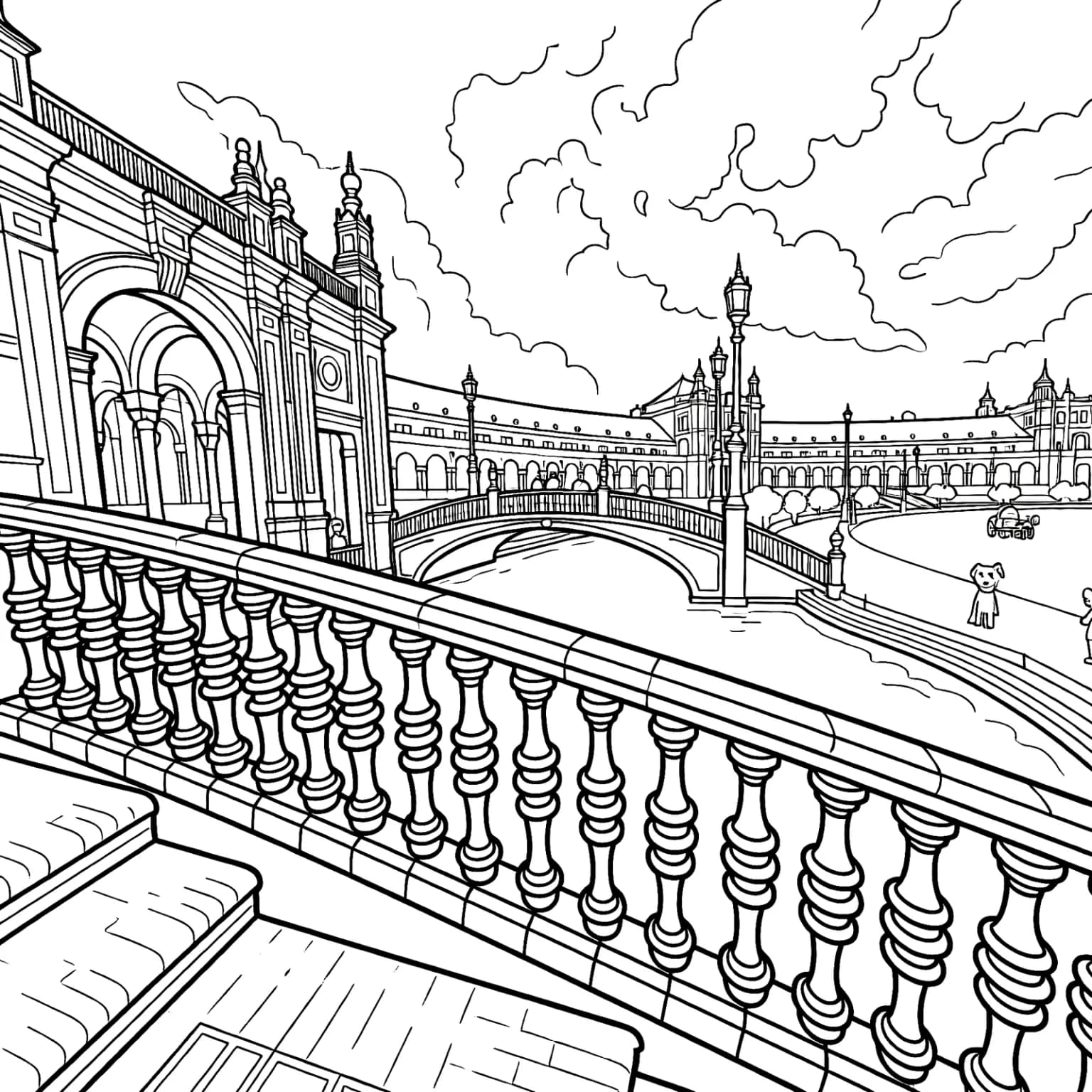 The same view as a colouring page: every baluster, arch, lamp post and cloud outlined, with almost no blank paper