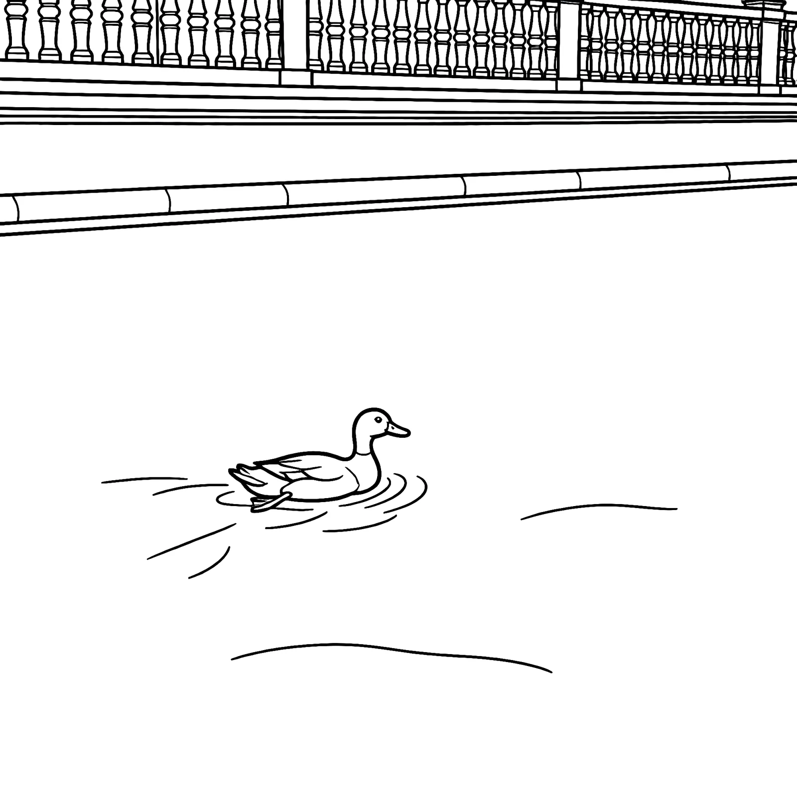 The same view as a colouring page: one duck, a few ripples, a strip of balustrade, and most of the page empty