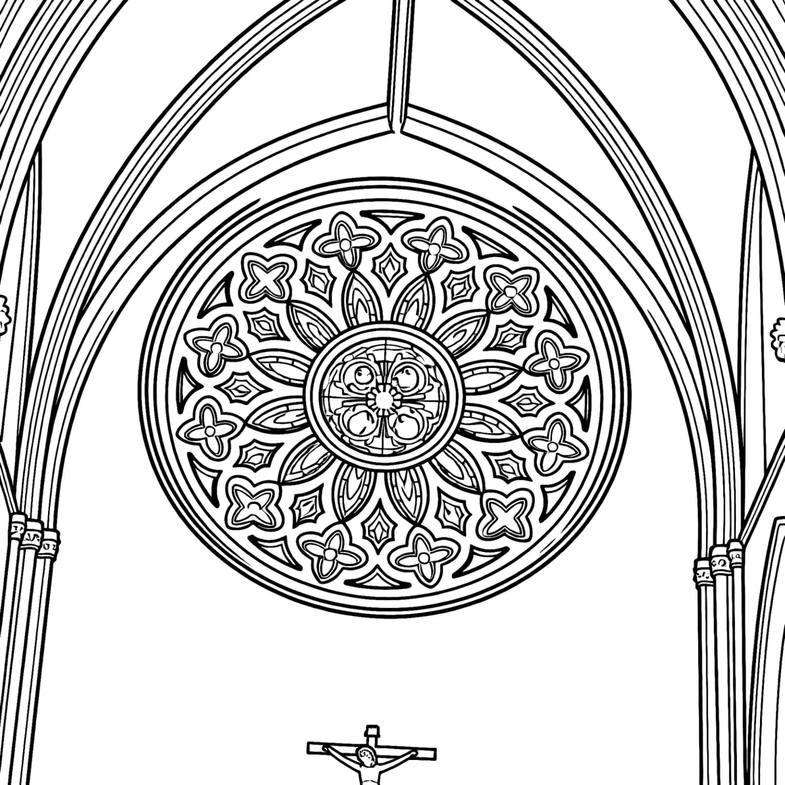 The same window as a colouring page: the arch, and the rose window divided into dozens of small panes