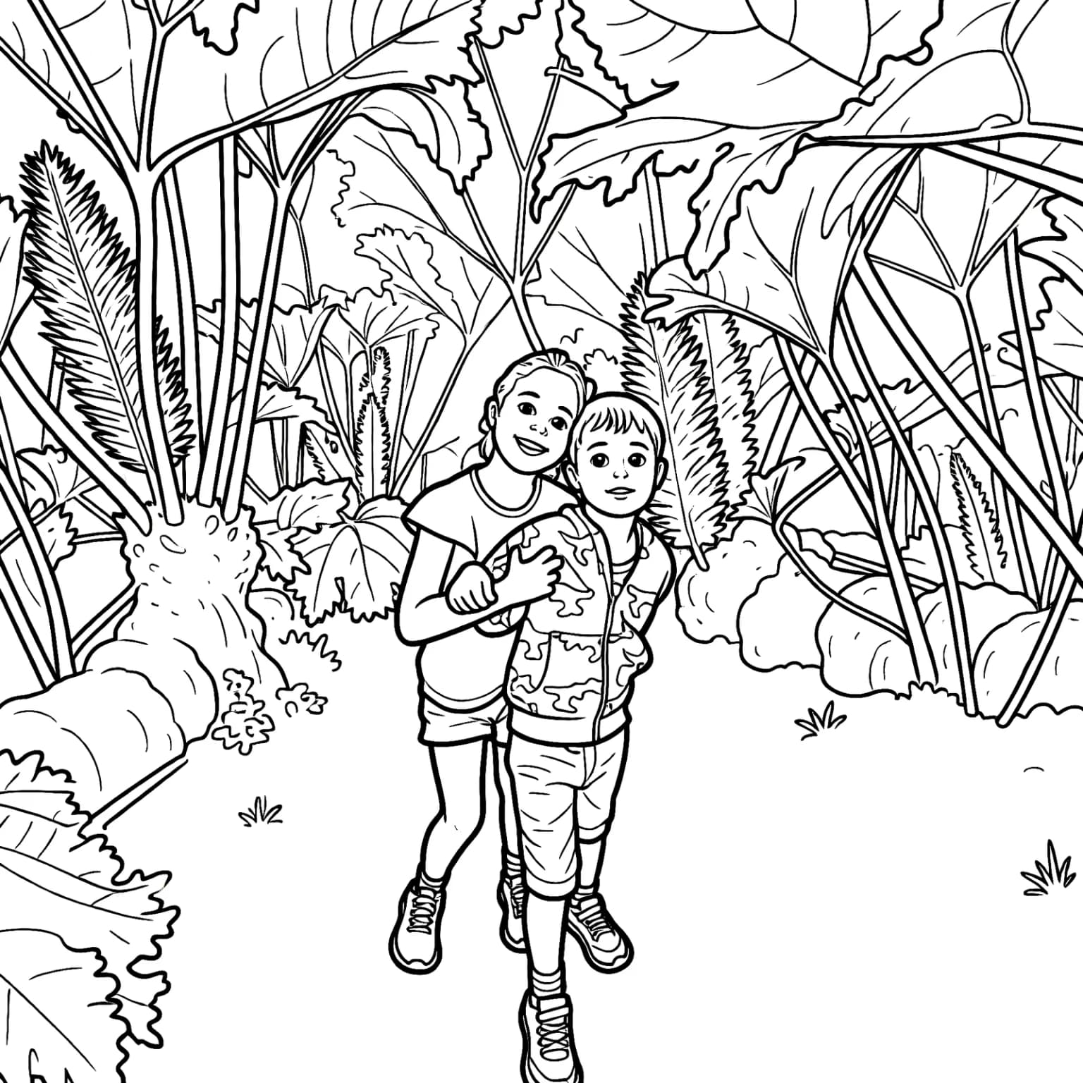 The same as a colouring page: two children close to the camera, surrounded by large outlined leaves and tall flower spikes
