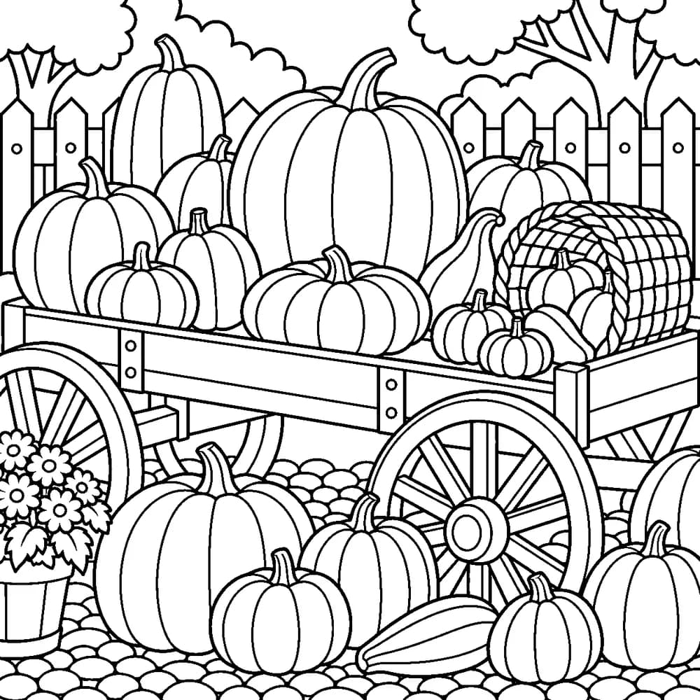 Colouring page: a wooden hand cart outside a farm shop, pumpkins and squashes heaped on top, a wicker basket tipped over, more pumpkins stacked around the wheels