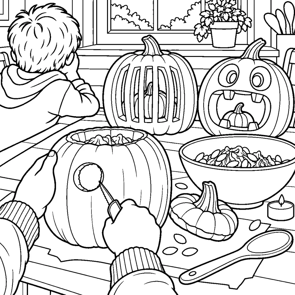 Colouring page: a pumpkin being carved with a small saw on a kitchen table, two finished pumpkins behind it, a child watching from across the table