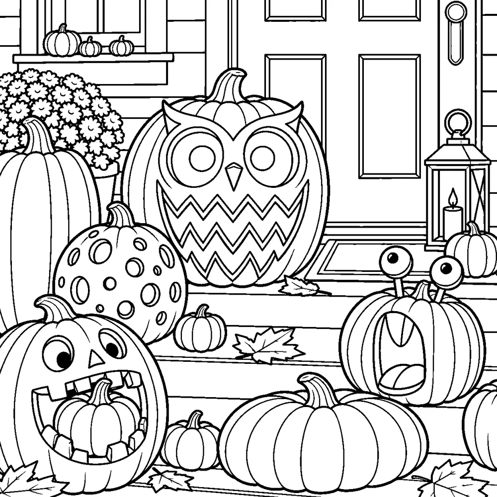 Colouring page: a front step crowded with pumpkins, one carved as an owl, one covered in drilled holes, one with eyes on stalks, one holding a smaller pumpkin in its mouth