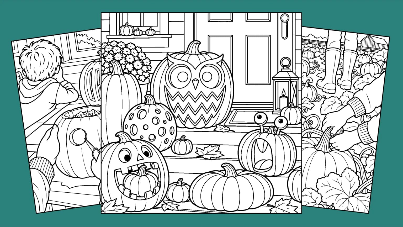 Three of the colouring pages overlapping on a teal ground, the front step with its owl pumpkin in front, the carving table and the field behind