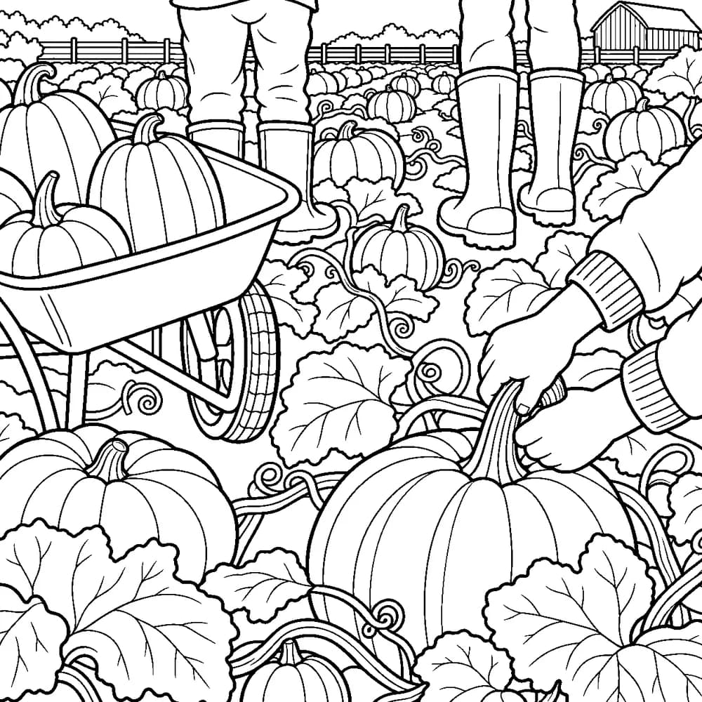 Colouring page: a wheelbarrow half full of pumpkins in a field, hands cutting a stem, two pairs of wellies seen from behind, rows running back to a barn