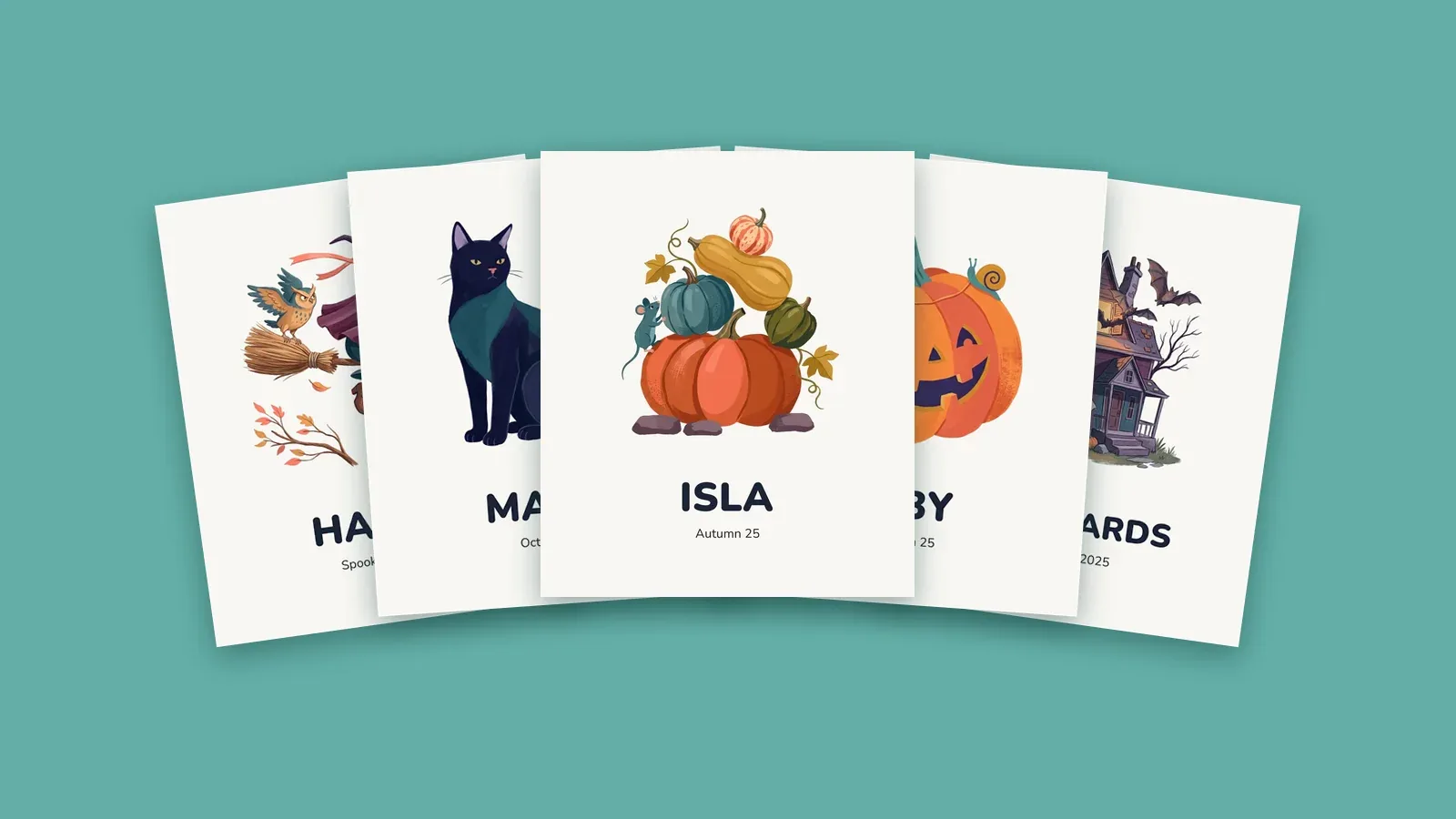 Five Halloween colouring book covers fanned out on teal, an owl on a witch's broomstick, a black cat, a pile of pumpkins with a mouse, a grinning jack-o'-lantern and a haunted house with bats