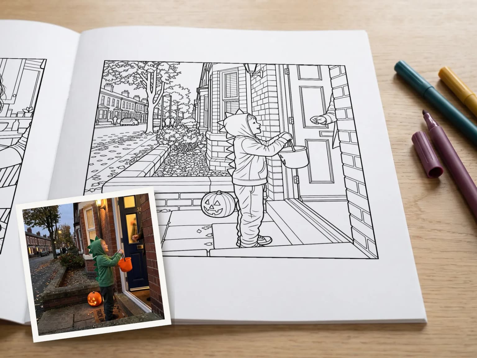 A colouring book open on a wooden table at a line drawing of a boy in a hooded dinosaur costume holding out a bucket at a front door, with the photo it was drawn from lying across the corner and felt tips beside it