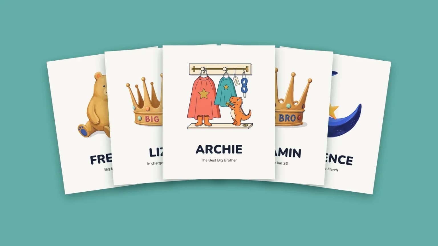 Five new baby colouring book covers fanned out on teal: a teddy bear, a Big Sis crown, a rail of superhero capes and a toy dinosaur on the centre cover, titled Archie, a Big Bro crown and a crescent moon with a star