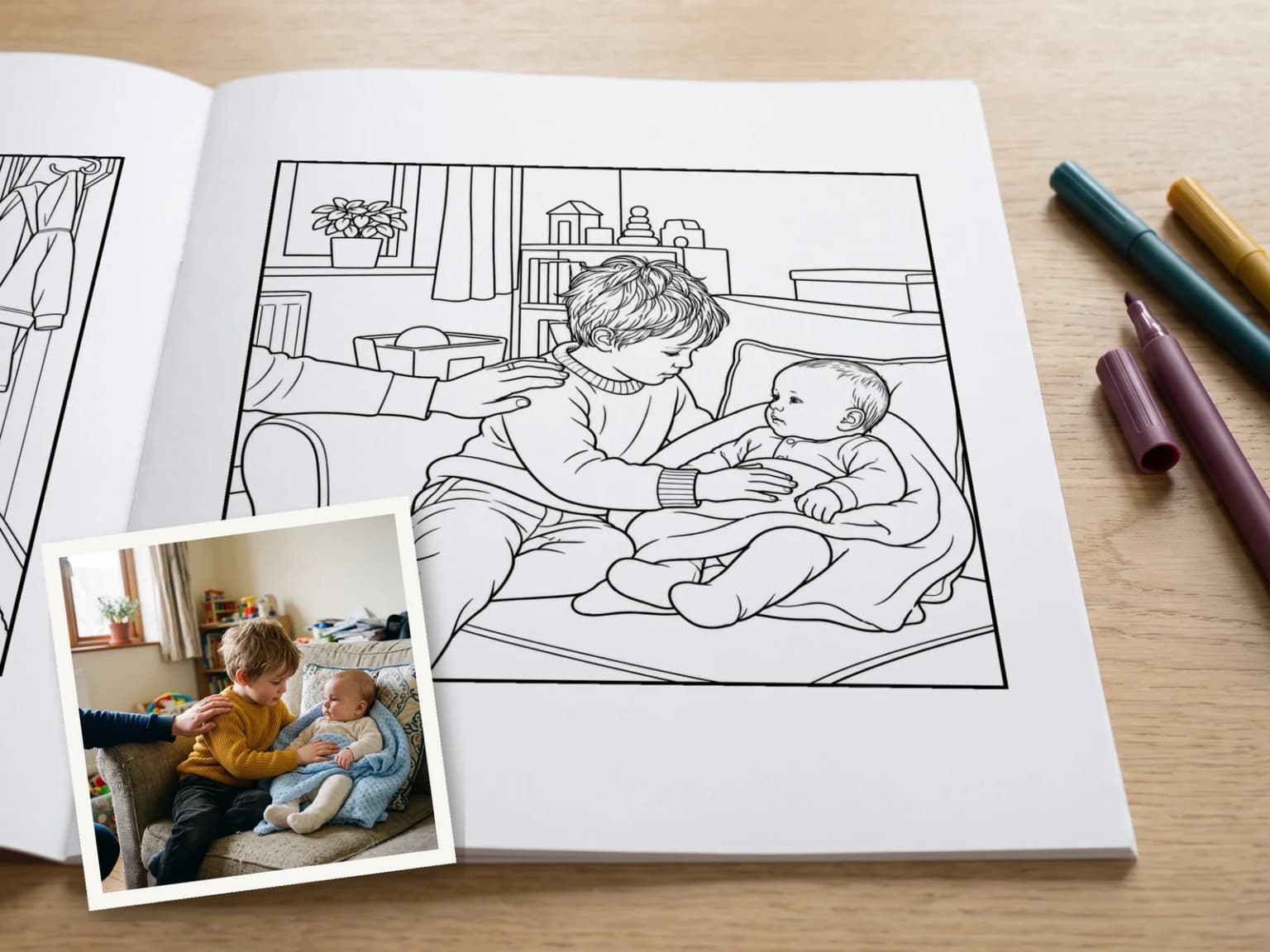 A colouring book lying open on a table at a line drawing of an older boy sitting on a sofa with his hand on a baby wrapped in a blanket and a parent's hand on his shoulder, with the photo it was drawn from laid as a print across the lower left corner