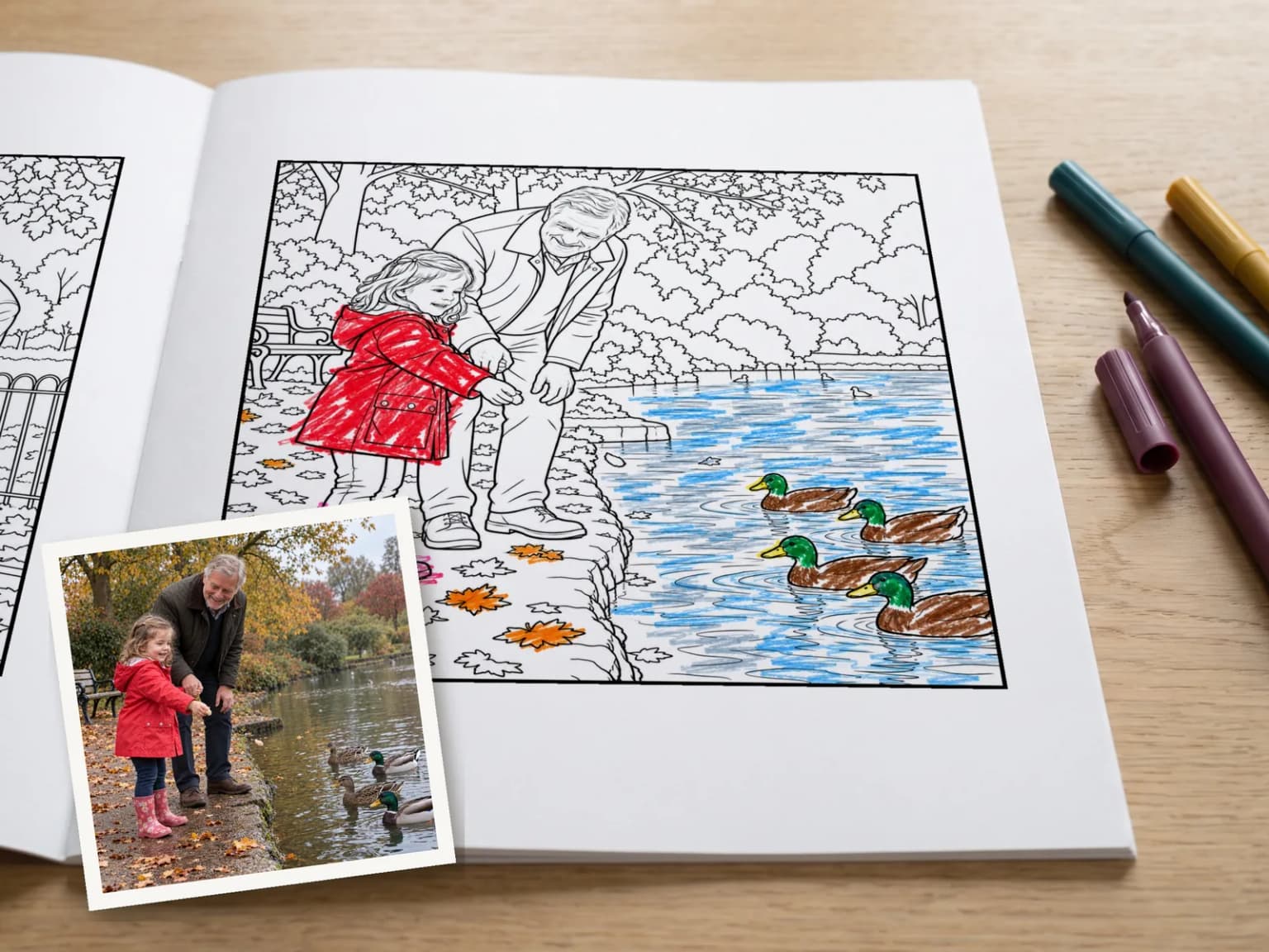 A colouring book lying open on a table at a line drawing of a little girl feeding ducks at a pond with her grandad, her raincoat coloured red, her wellies pink and the ducks brown and green on blue water, with the photo it was drawn from laid as a print across the lower left corner