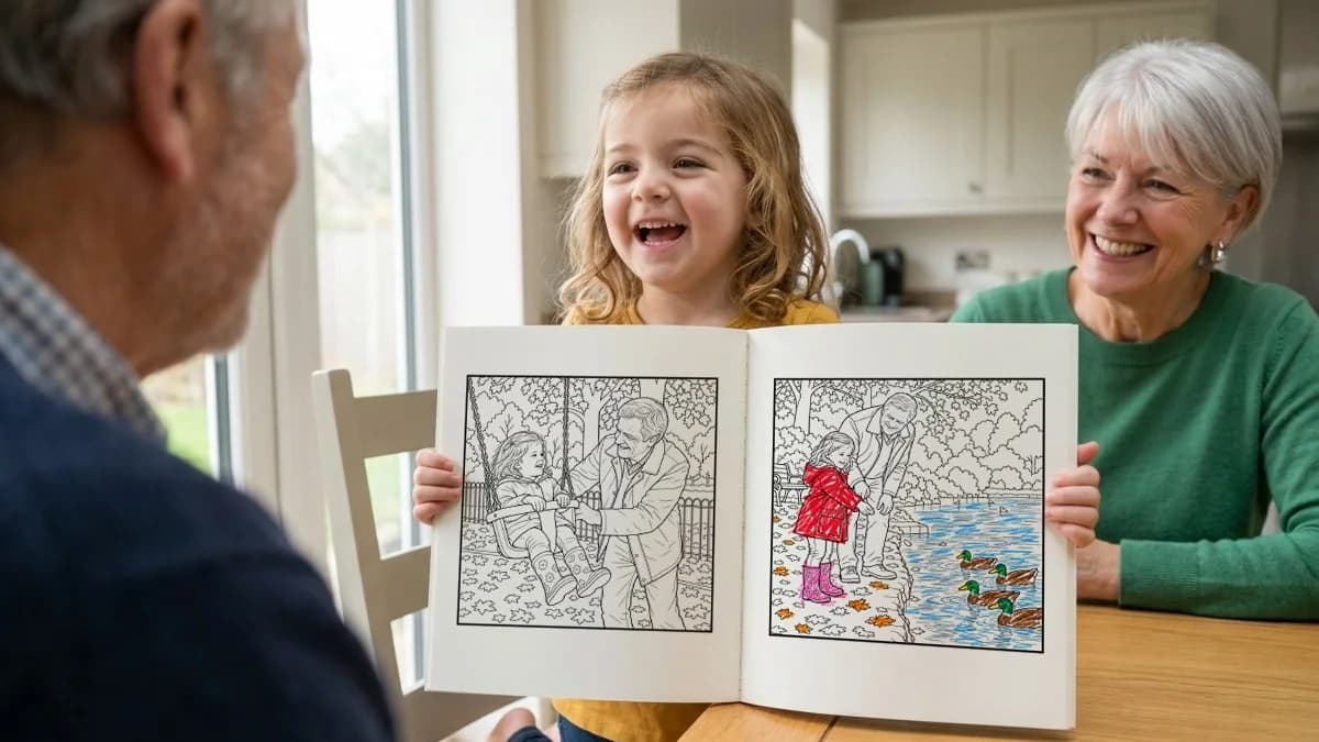 A little girl kneeling on a kitchen chair, laughing as she holds up an open colouring book of line drawings of her with her grandad to show him, while her nanny smiles across the table