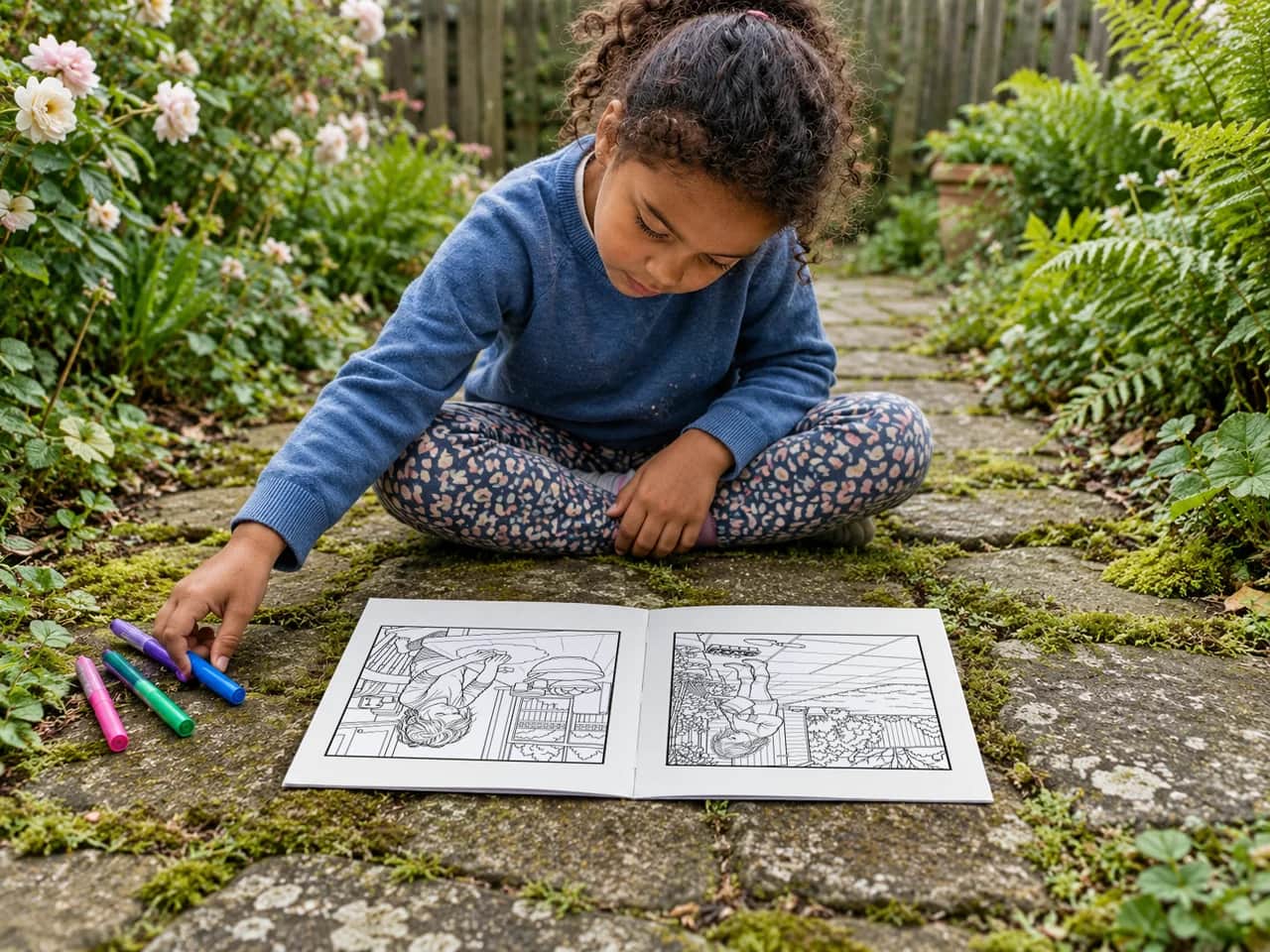 A girl sitting cross-legged on a garden path, choosing a felt-tip with her open colouring book in front of her