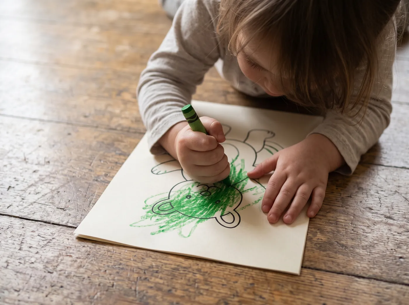 A young child lying on a worn wooden floor, gripping a green crayon in their fist and colouring a printed outline of an elephant, the green running well over the lines and onto the bare paper