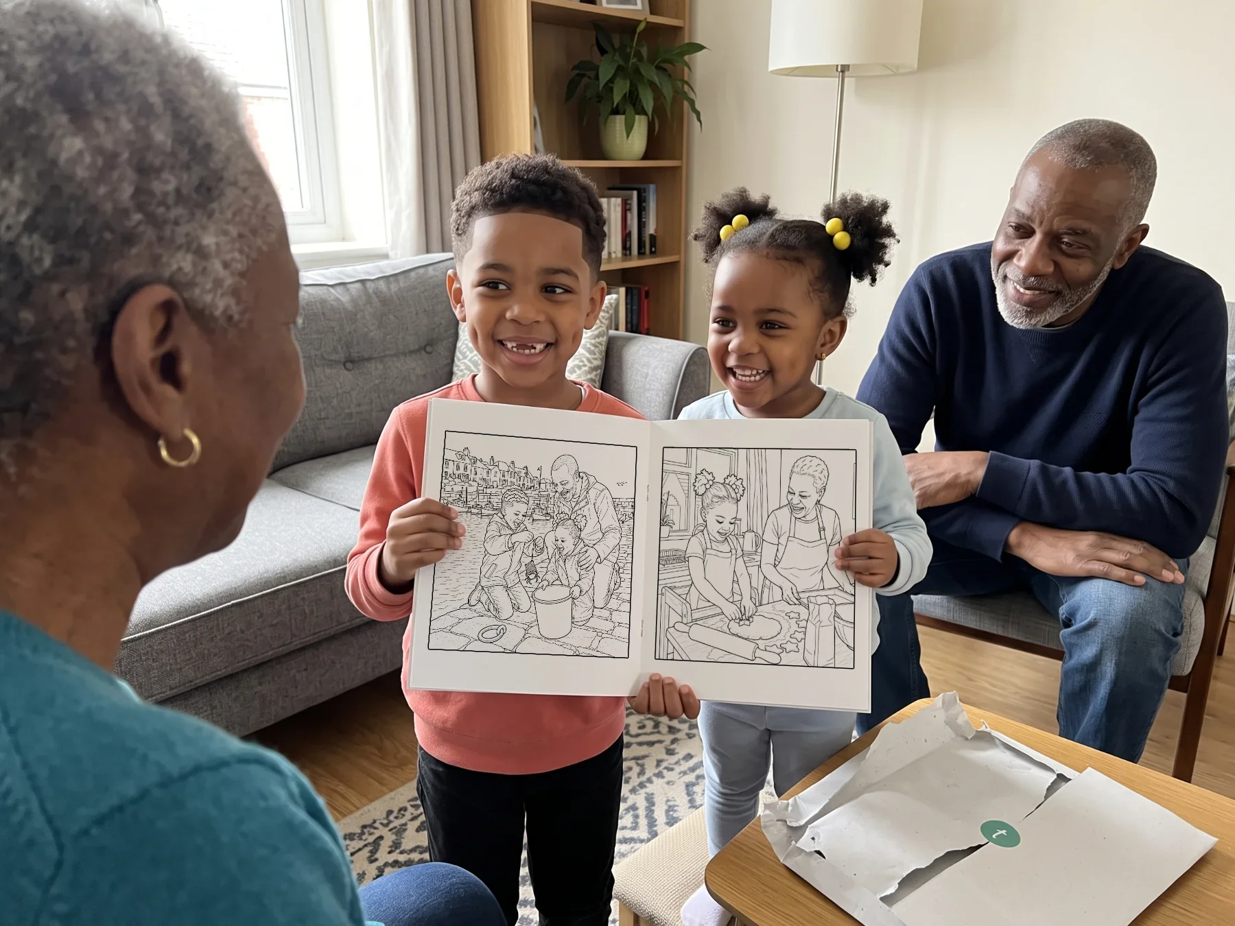 A boy and his little sister holding up the colouring book they made to show their nanny, while their grandad leans forward in his armchair to see