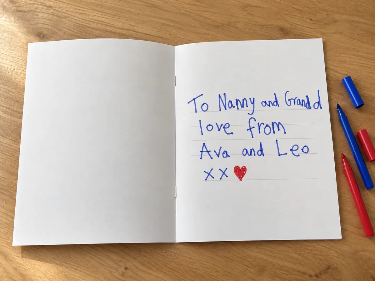 The first page of a colouring book with a message handwritten on its lines: To Nanny and Grandad, love from Ava and Leo, with a red heart