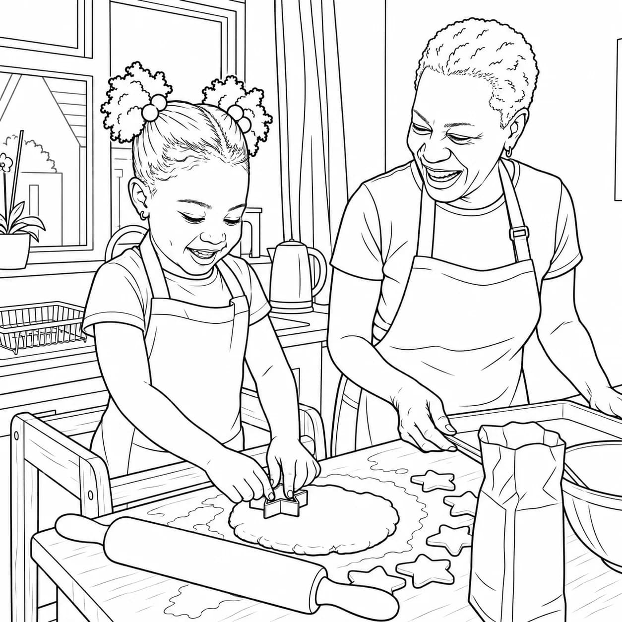 A colouring page of a little girl cutting out star biscuits at the kitchen counter while her nanny holds the baking tray