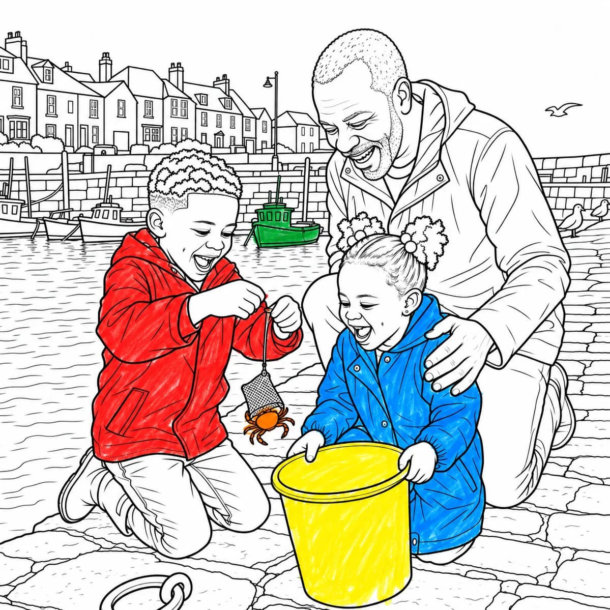 The crabbing page partly coloured in, the raincoats, crab and bucket filled in bright colours