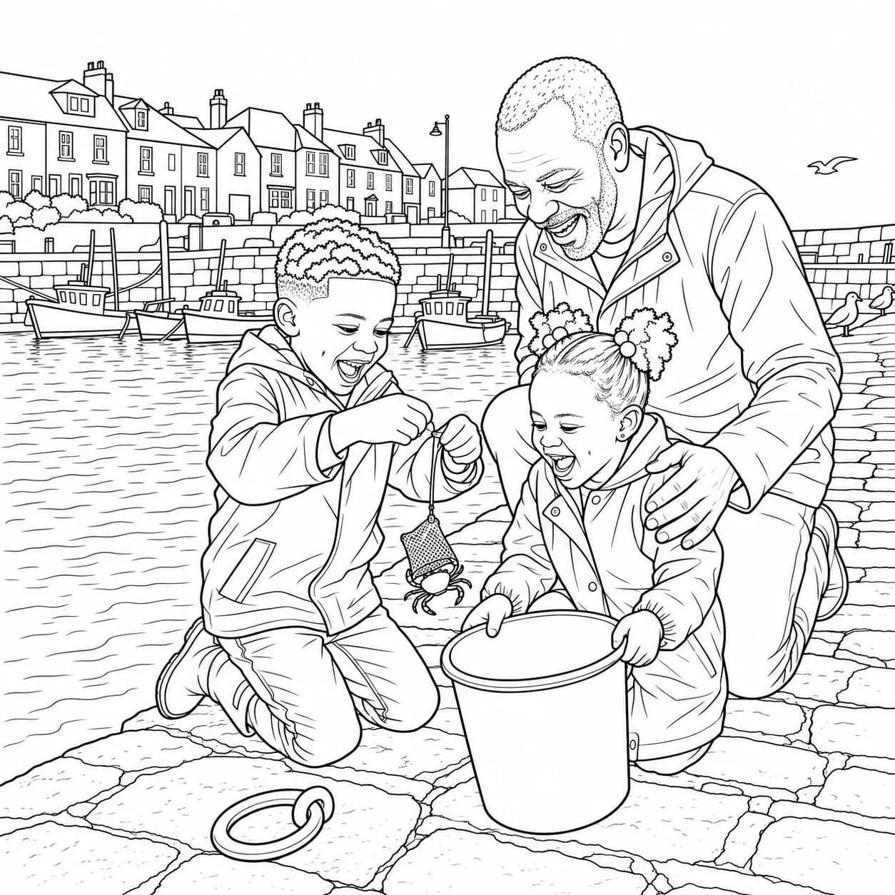 A colouring page of a boy pulling a crab up on a line at the harbour while his little sister holds the bucket and their grandad laughs