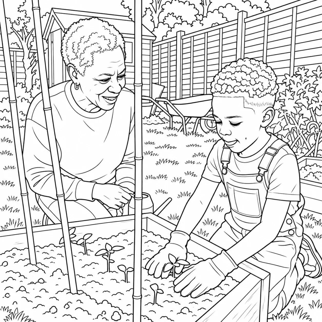 A colouring page of a boy planting a sunflower seedling in a raised bed while his nanny kneels beside him