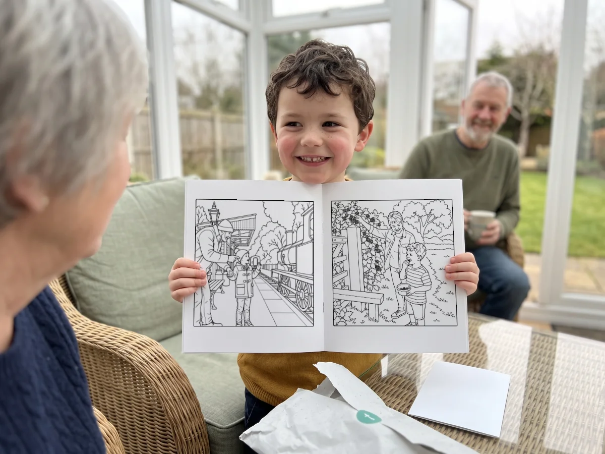 A boy grinning as he holds up his new colouring book in his grandparents' conservatory, open at drawings of him at a steam train with his grandad and picking blackberries with his nan, while his grandad watches from his chair