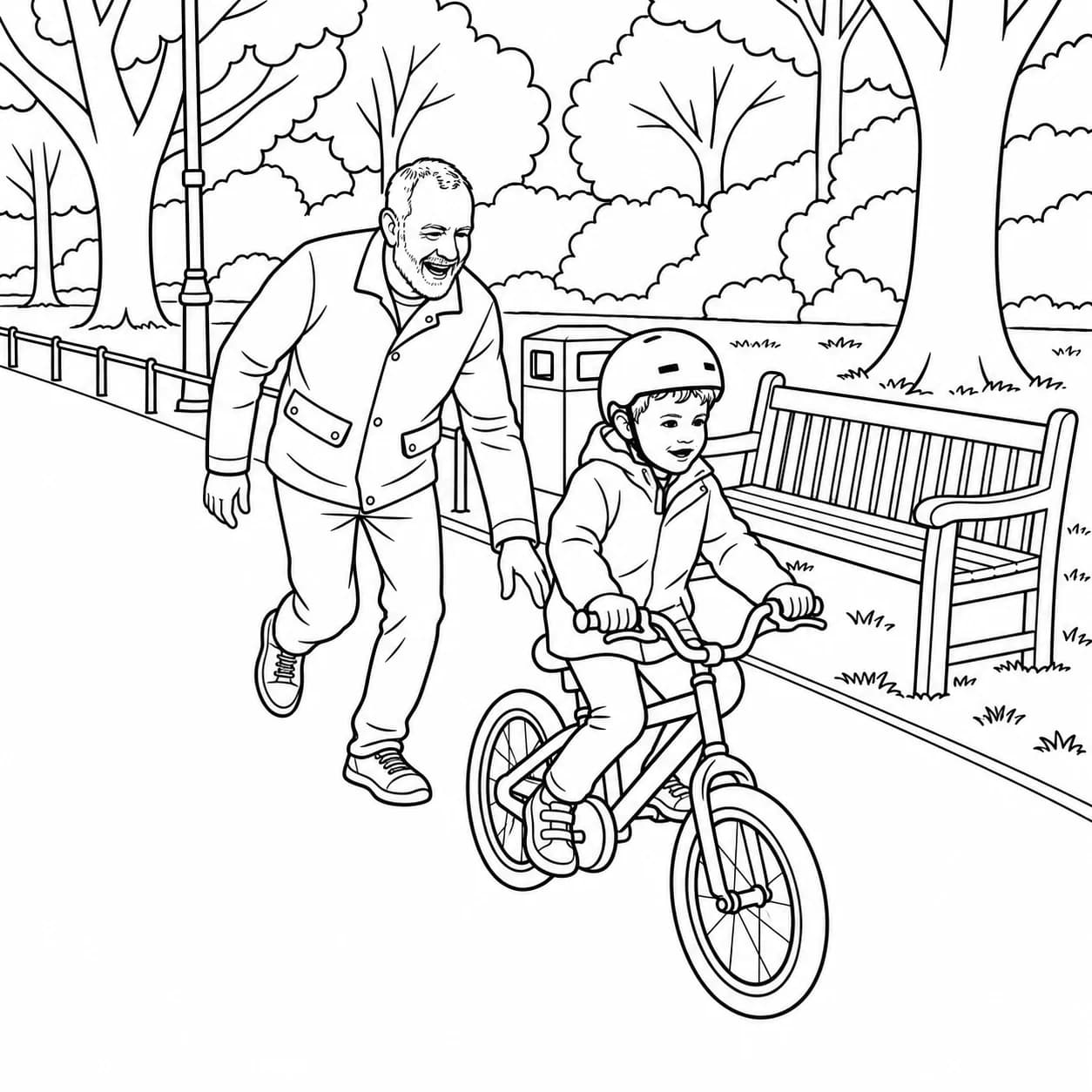 A colouring page of a boy riding his bike while his grandad lets go of the saddle