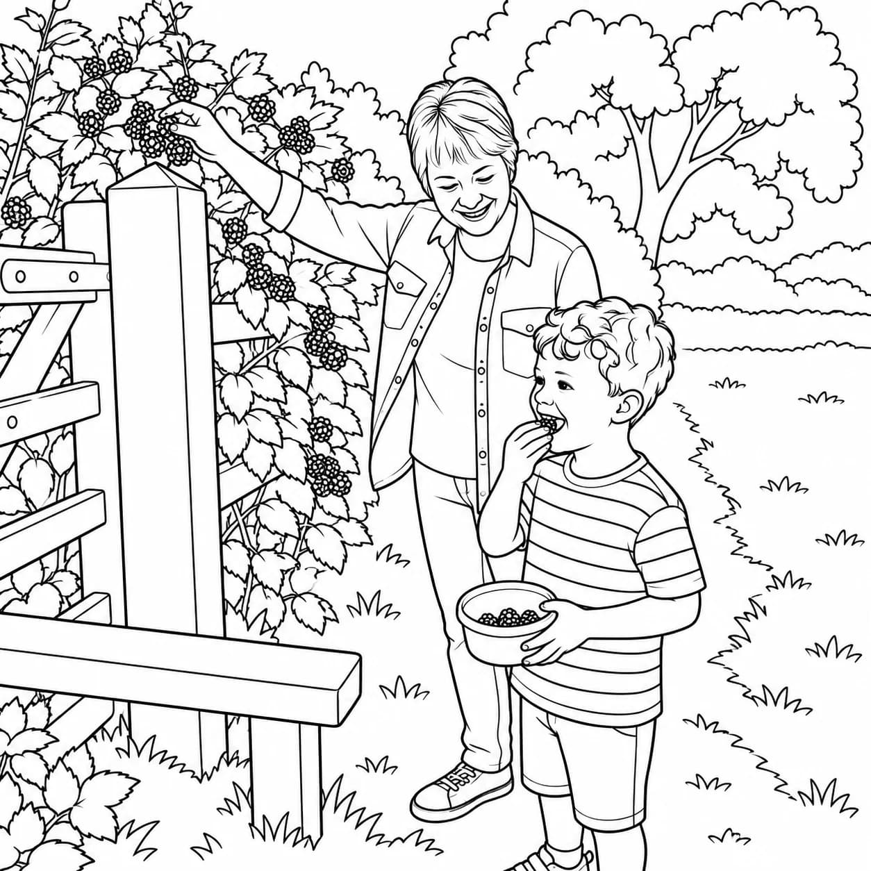 A colouring page of a boy eating a blackberry from his tub while his nan reaches into the hedge for more