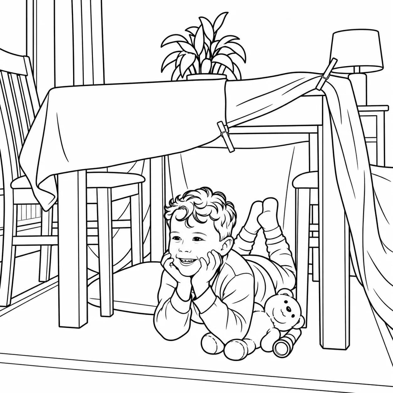 A colouring page of a boy with his teddy peeking out of a blanket den under a dining table
