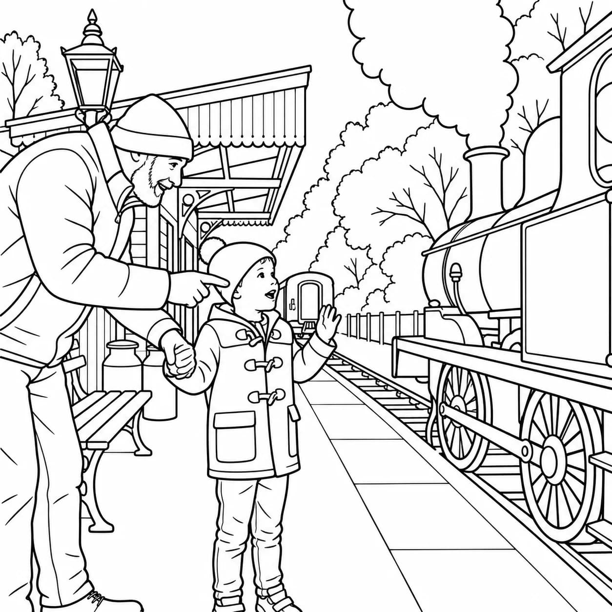 A colouring page of a boy holding his grandad's hand on a station platform as a steam train pulls in