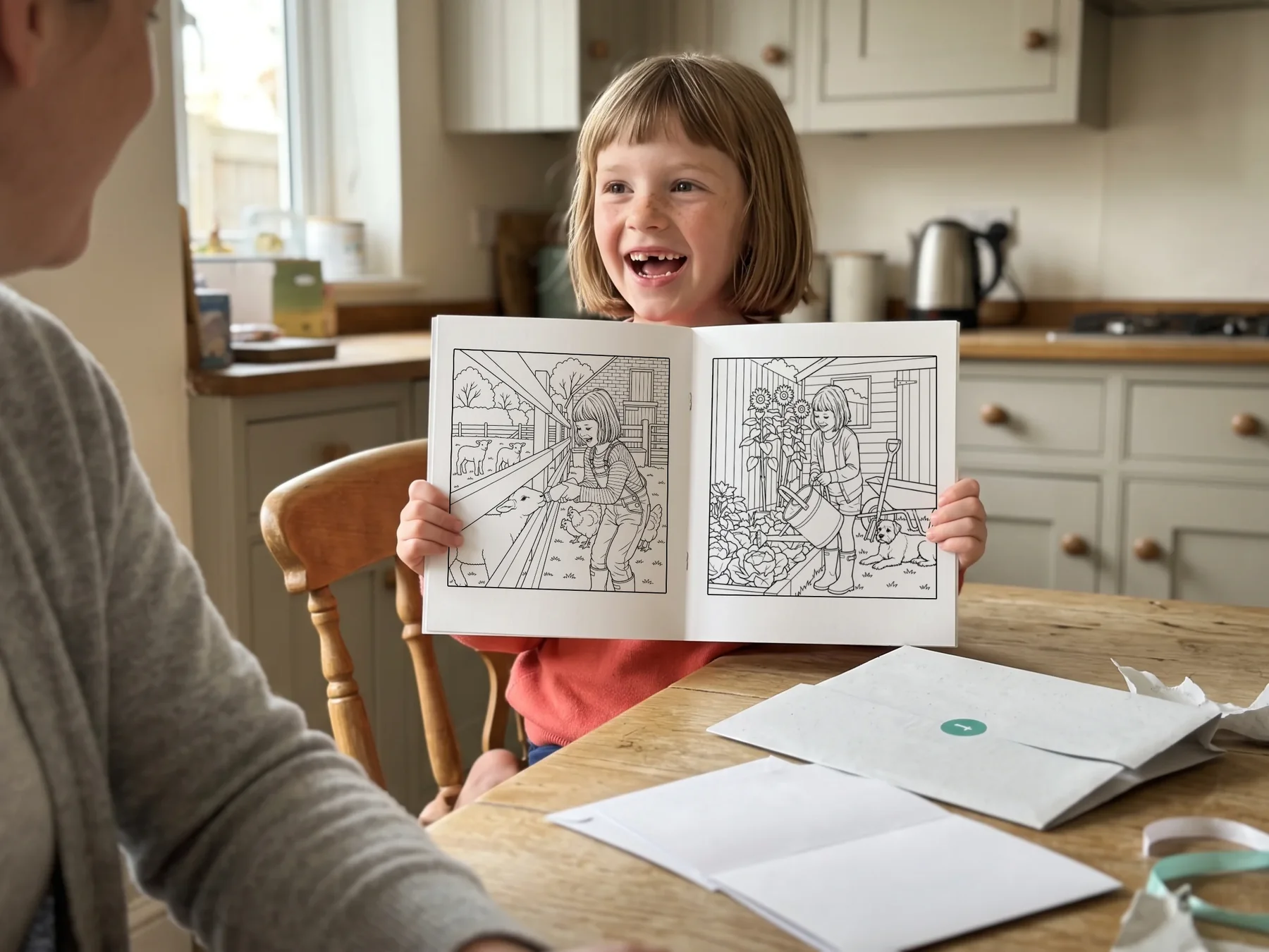 A girl laughing on her birthday as she holds up her new colouring book, open at drawings of her feeding a lamb and watering the garden