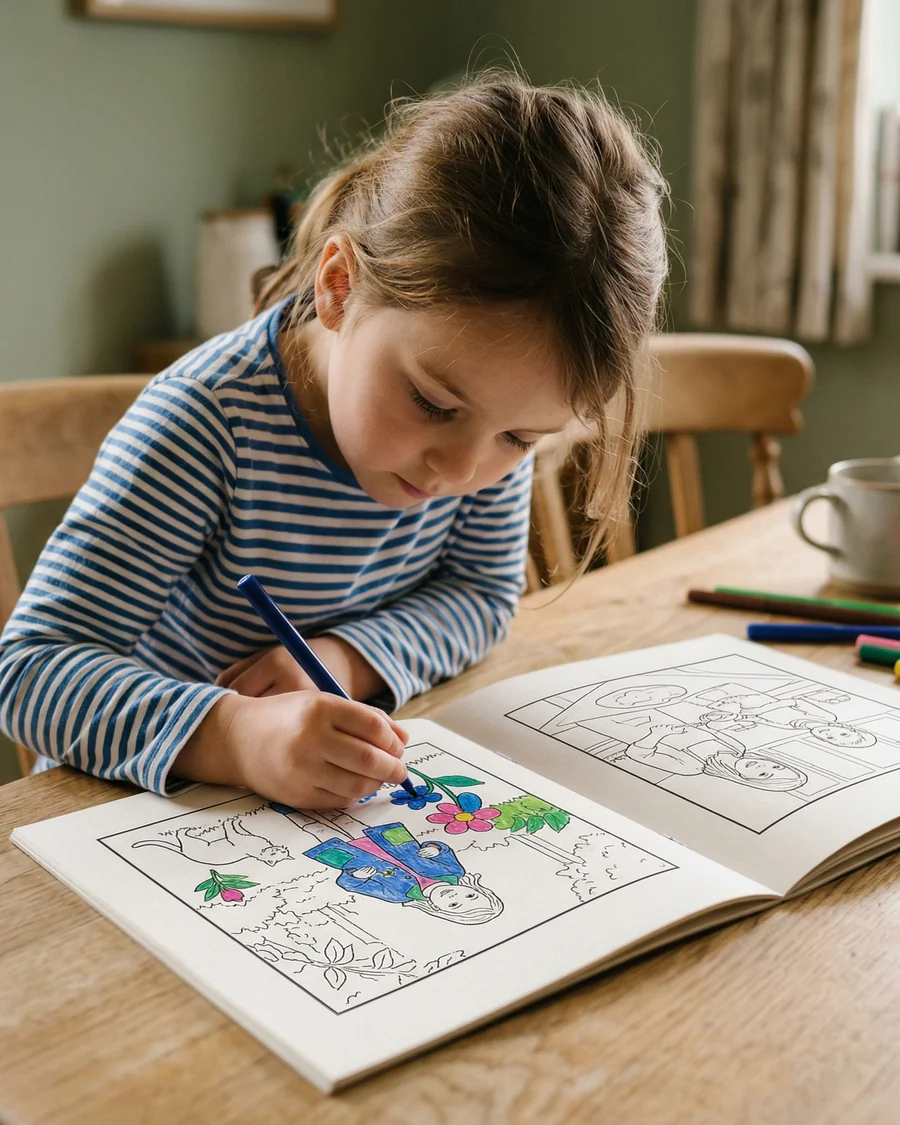 A girl at the kitchen table colouring a page in her book