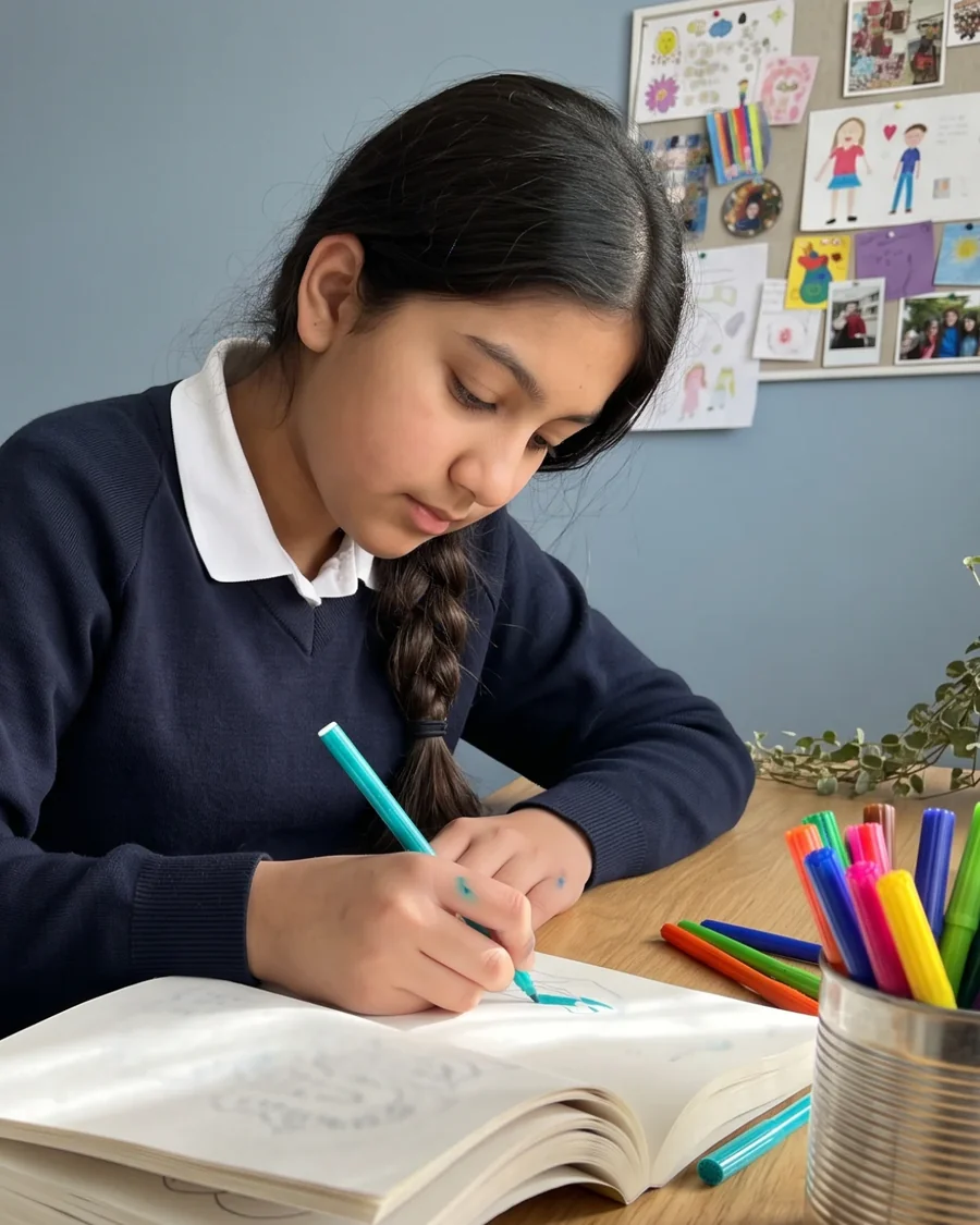 A teenage girl colouring at her bedroom desk, a tin of felt-tips beside her
