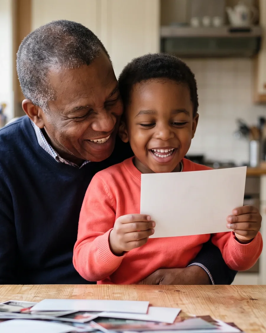 A grandad and his grandson laughing over a pile of family photos at the kitchen table