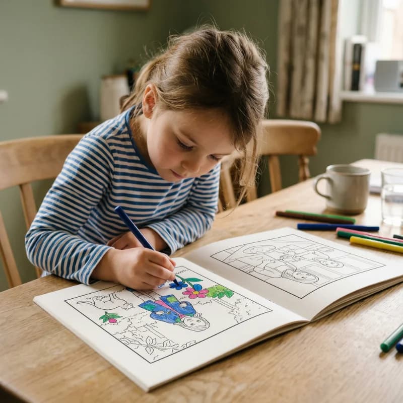 Girl colouring her personalised toodaloo book at the kitchen table
