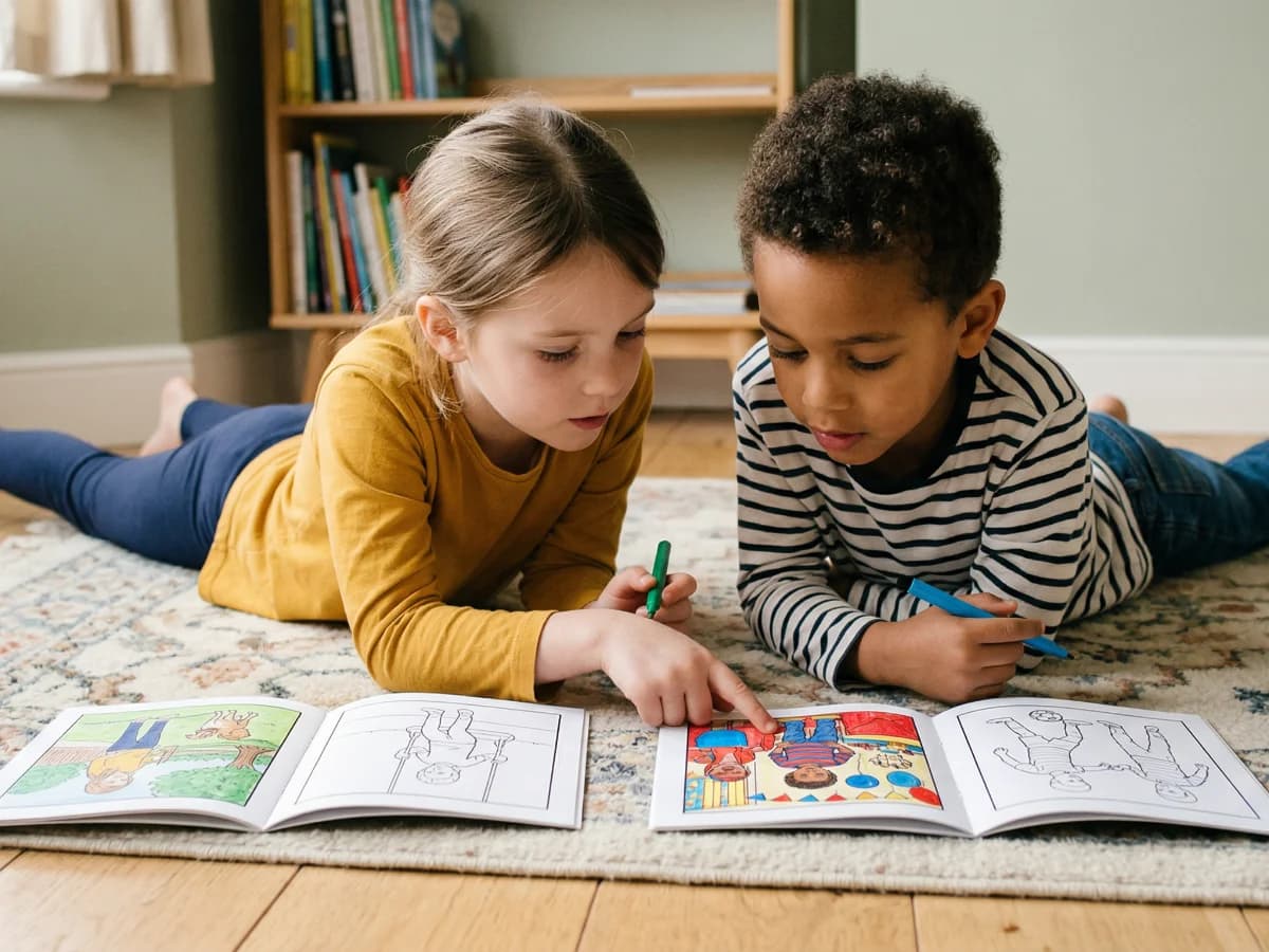 Two children lying on the floor together, colouring their personalised toodaloo books