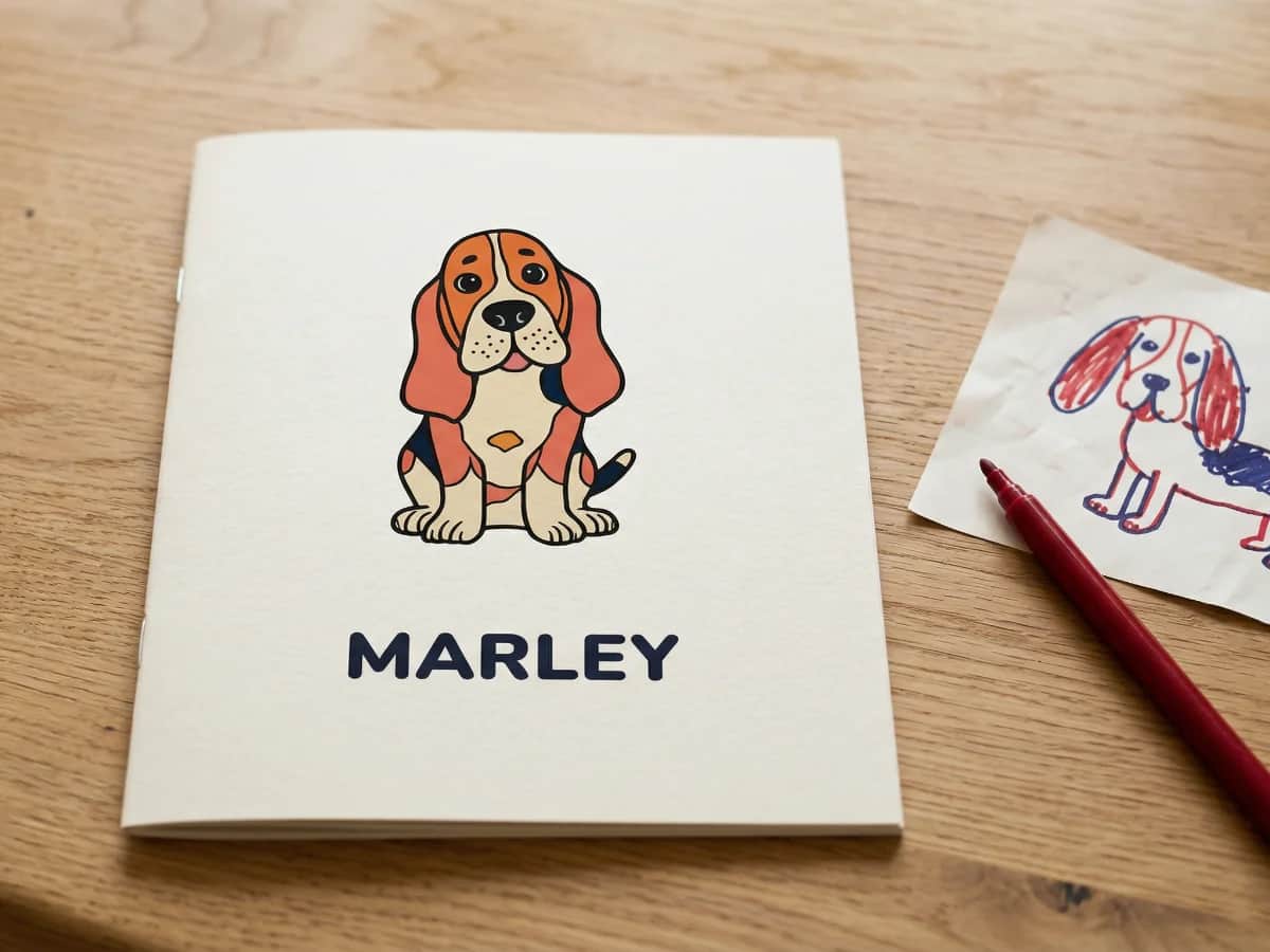 Toodaloo personalised colouring book lying flat, shot low with wide aperture, the name OLIVER sharp at the near edge, cover artwork softly out of focus above