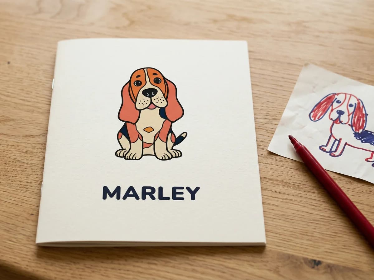 Toodaloo personalised colouring book lying flat, shot low with wide aperture, the name OLIVER sharp at the near edge, cover artwork softly out of focus above