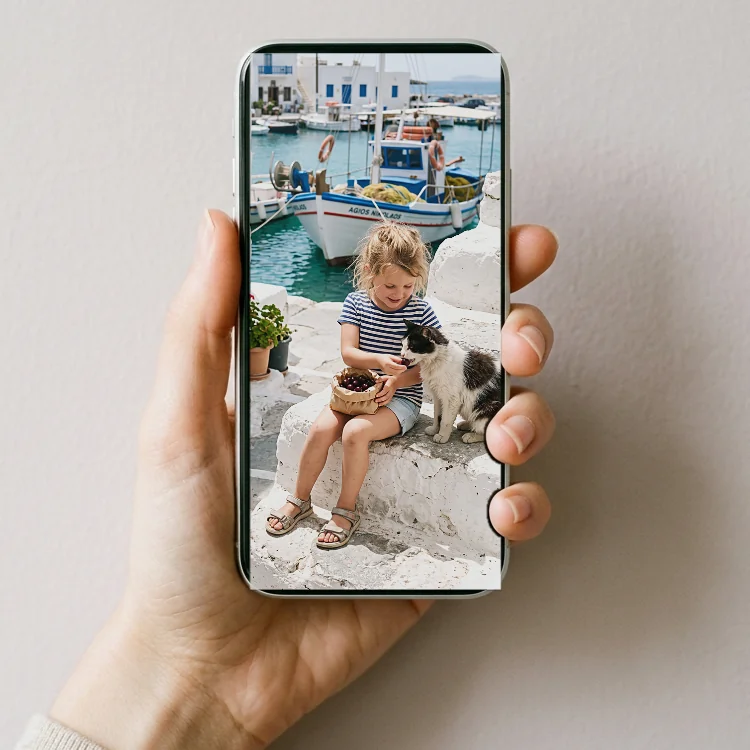 A hand holding up a phone showing a girl on harbour steps smiling at a cat