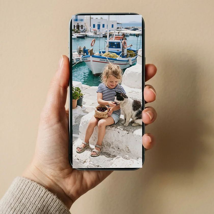 A hand holding up a phone showing a girl on harbour steps smiling at a cat
