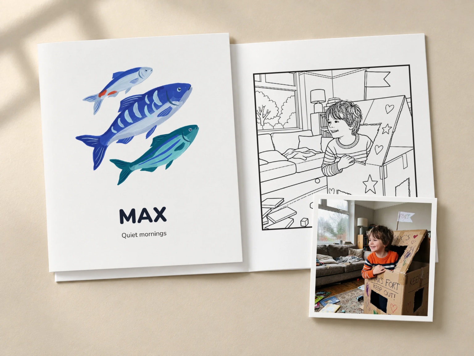 A colouring book with the name Max on its cover, beside the open page of a boy in a cardboard box den, with the photo it was drawn from as a print.