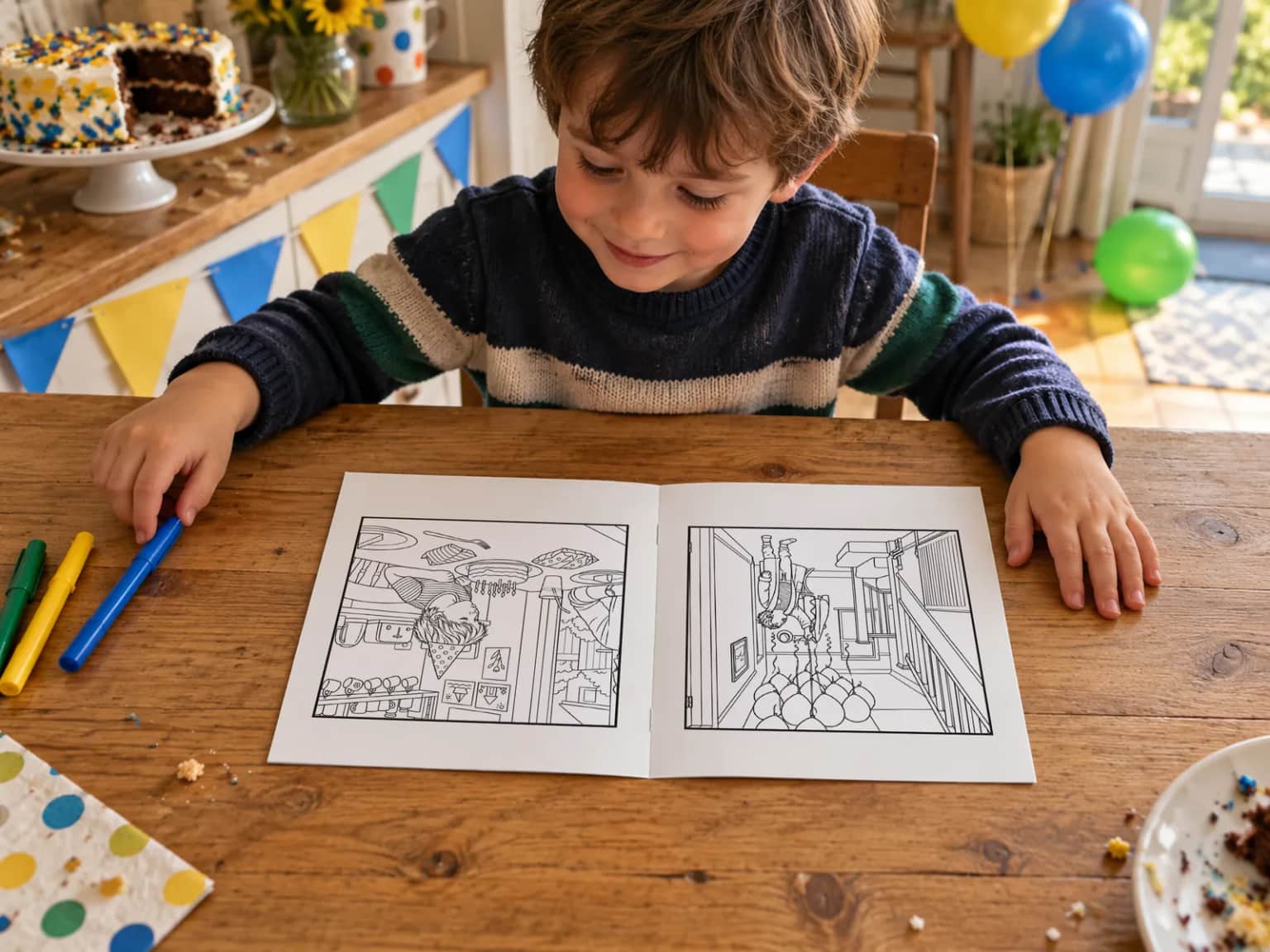 A boy in a striped jumper choosing a felt tip beside his open book at the kitchen table after his party, a birthday cake on a stand, bunting and balloons behind him