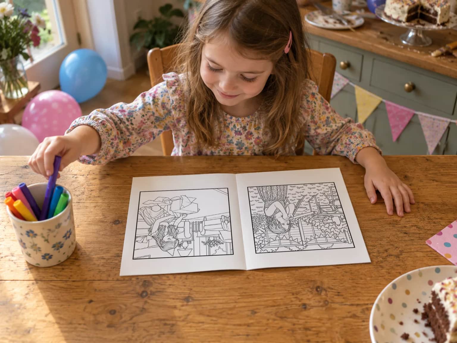 A girl picking a felt tip from a pot beside her open book at the kitchen table after her party, balloons and bunting behind her