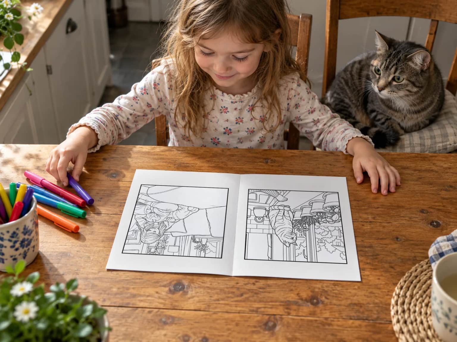 A girl choosing a felt tip beside her open book at the kitchen table, the family's tabby cat sitting on the chair next to her and watching