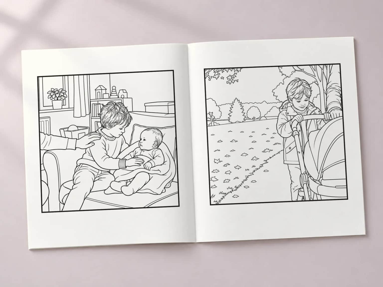 The colouring book open at two line-art pages: a big brother cuddling the baby on the sofa and a big brother pushing the pram