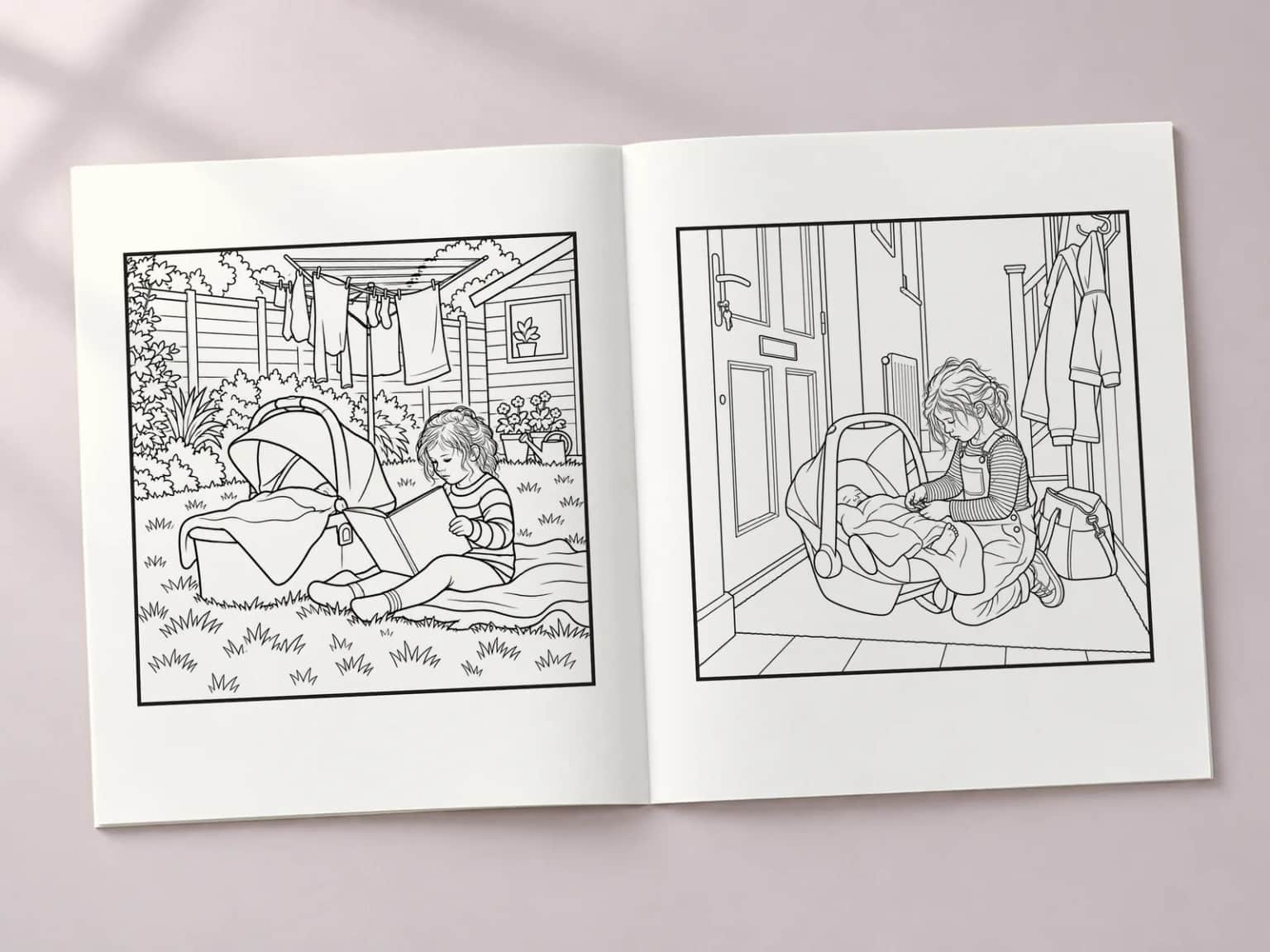 The colouring book open at two line-art pages: a big sister reading to the baby in the pram and a big sister fastening the baby's car seat